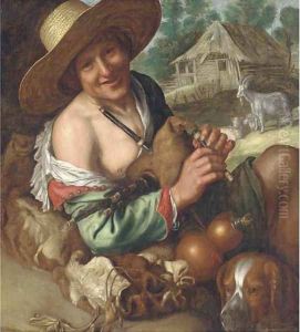 A shepherd piper with his mastiff before a shed by Peter Wtewael