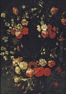 A garland of roses, tulips, violets and other flowers by Bartholomeus Van Winghen