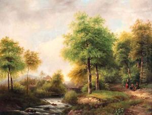A summer landscape with peasants resting in a forest by a stream by George Pieter Westenberg