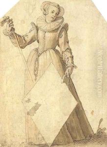 A woman wearing a ruff and bonnet and holding a lozenge-shaped escutcheon