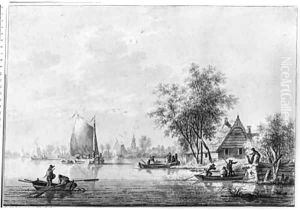 A Village on a River with Fishermen in their Boats