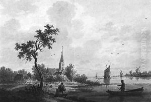 Fishermen and shipping on a river, a village beyond Fishermen and shipping on a river, a village beyond