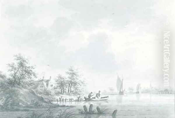 The village of Hael on the River Waal, with boatmen at a landing station - view 1