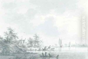 The village of Hael on the River Waal, with boatmen at a landing station