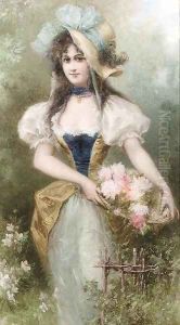 A beauty with roses in a basket by Raimund Ritter Von Brennerstein Wichera