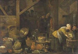A kitchen interior with peasants by Dirck Wyntrack