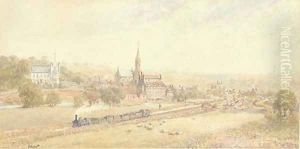 A steam engine pulling loaded wagons through the industrial North by George Weatherill