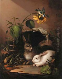 Two rabbits in an upturned basket with a blue tit on a sunflower