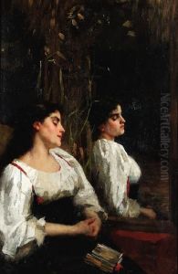 Young Girl By A Mirror Dozing Off