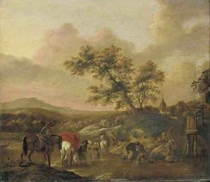 An extensive landscape with travelers on horseback crossing a river by Phillips Wouwermans