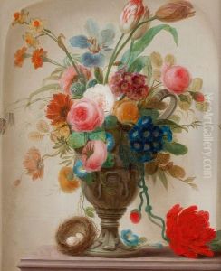 Vase De Fleurs Et Nid Sur Un Entablement