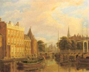 A view of the river Amstel with the Nieuwmarkt and Oude Kerk, Amsterdam by Augustus Wijnantz