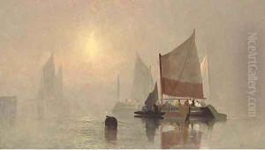 Fishing boats in the early morning mist by C. Webster