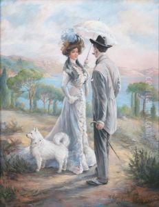 Gentildonna Con Cappello Di Piume E Ombrellino Con Gentiluomo In Paesaggio by Pietro Scoppetta