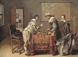 Gentlemen playing tric-trac around a table in an interior