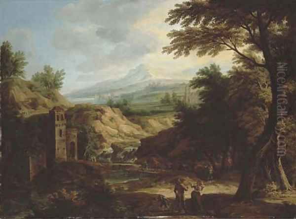An Italianate extensive river landscape with travellers on a path by a fortified tower - view 1