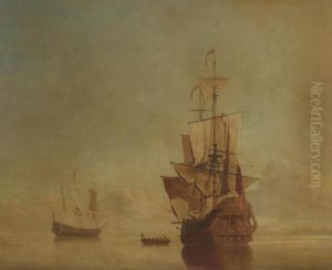 A First Rate Lying At Her Anchorage In A Calm And Drying Her Sails by Samuel Scott