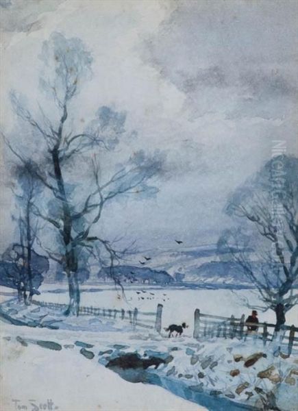 Farmer And Collie In A Winter Landscape - view 1