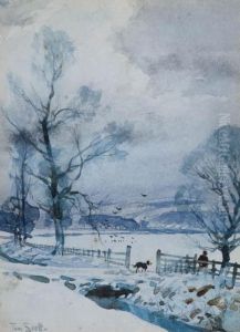 Farmer And Collie In A Winter Landscape by Tom Scott