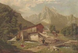 Feeding geese at the sawmill by Otto Wustlich
