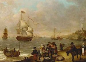 A coastal landscape with fisherfolk selling their catch by Isaac Willaerts