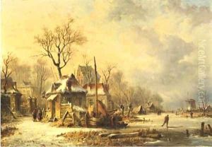 Winter houses by a frozen river at dusk