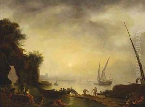 A Mediterranean coastline with fisherfolk on the shore at sunset