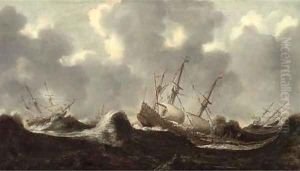 The Dutch fleet at sea in treacherous conditions by Claes Claesz. Wou