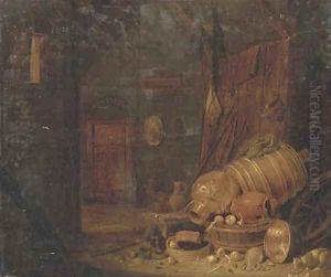 A barn interior with copper pots, wooden barrels and a cat drinking milk nearby by Dirck Wijntrack