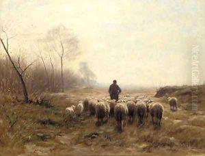 A shepherd herding his flock in an autumnal landscape by Hermann Johannes Van Der Weele
