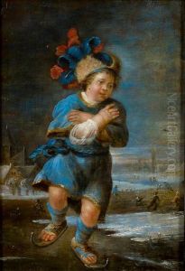 Enfant Au Panache Bleu Et Rouge Patinant Sur Un Canal