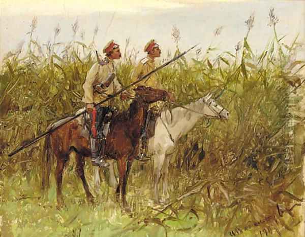Russian vedettes in a field in Tao-ling, Manchuria during the Russo-Japanese War , 1901 - view 1