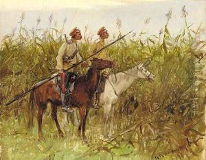 Russian vedettes in a field in Tao-ling, Manchuria during the Russo-Japanese War , 1901 by Ivan Alexeievitch Wladimiroff