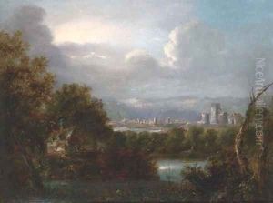 A cottage at the bend of the river, ruins and a town beyond by Richard Wilson
