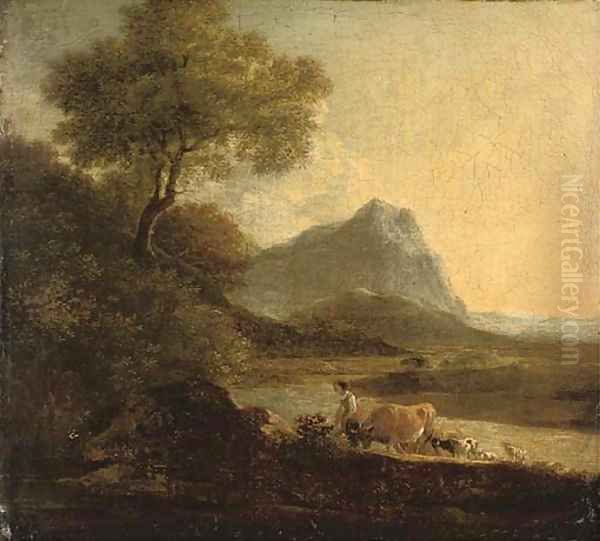 A drover with cattle and sheep in a mountainous landscape - view 1