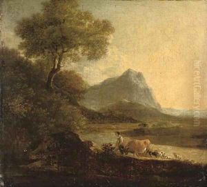 A drover with cattle and sheep in a mountainous landscape by Richard Wilson