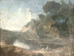 A wooded river landscape, with countryfolk resting in the foreground, a hilltop ruin beyond by Richard Wilson