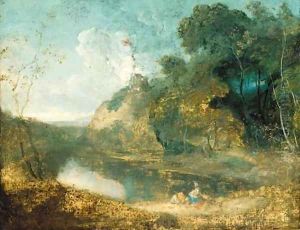 A wooded river landscape,with countryfolk resting in the foreground, a hilltop ruin beyond by Richard Wilson
