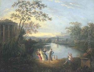 An Arcadian landscape with figures dancing by a river, a ruined castle beyond by Richard Wilson