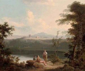 An Italianate wooded river landscape with anglers conversing on the bank with classical buildings beyond by Richard Wilson
