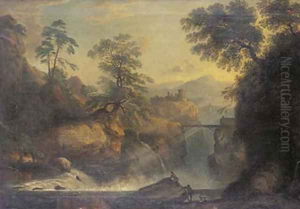 Figures at a mountain torrent in an Arcadian landscape - view 1