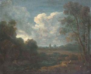 A figure resting on a riverbank with a town beyond