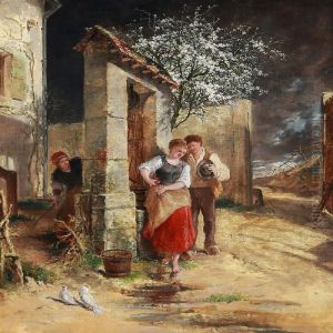 A Mother Keeps An Eye On A Young Couple At A Well
