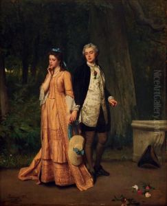 Couple De Galants Avec A Droite Des Fleurs Parsemees A Terre Couple De Galants Avec A Droite Des Fleurs Parsemees A Terre