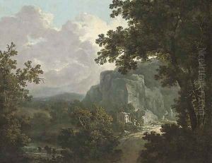 An extensive wooded river landscape with classical ruins