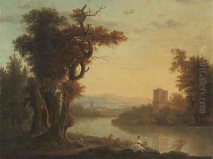An extensive wooded river landscape with figures in the foreground, a classical ruin beyond