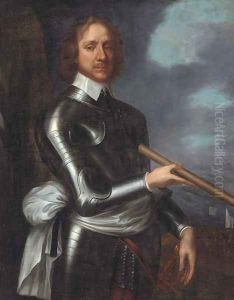 Portrait of Oliver Cromwell (1599-1658), three-quarter-length, in armour, holding a baton, a naval landing beyond