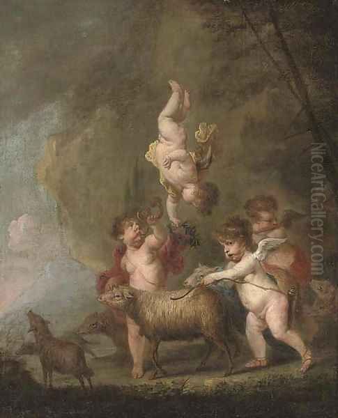 A wooded landscape with putti disporting with sheep - view 1