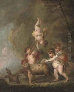 A wooded landscape with putti disporting with sheep by Frans Wouters