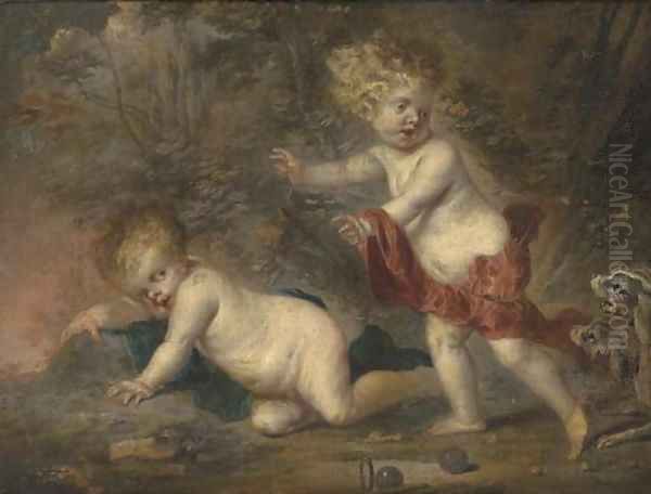 Putti disporting in a wooded clearing, surprised by two dogs - view 1